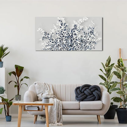 NINEASO Botanical Flowers Wall Art - Indigo Blue and White Floral Canvas Pictures Spring Blooming Painting Gray Background Printing Artwork Living Room Bedroom Home Office Wall Decor 20" x 40"