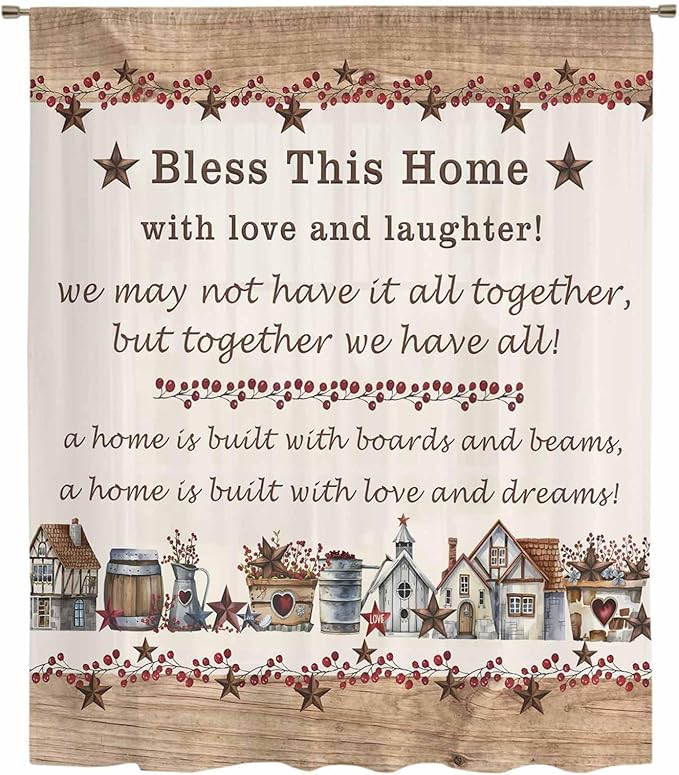 Farmhouse Sheer Curtains 54 Inch Length Country Star Barn Berry Brown Wood Plank Chiffon Curtain for Bedroom Living Room Light Filtering Rod Pocket Window Treatments Voile Curtains Drapes for Kitchen