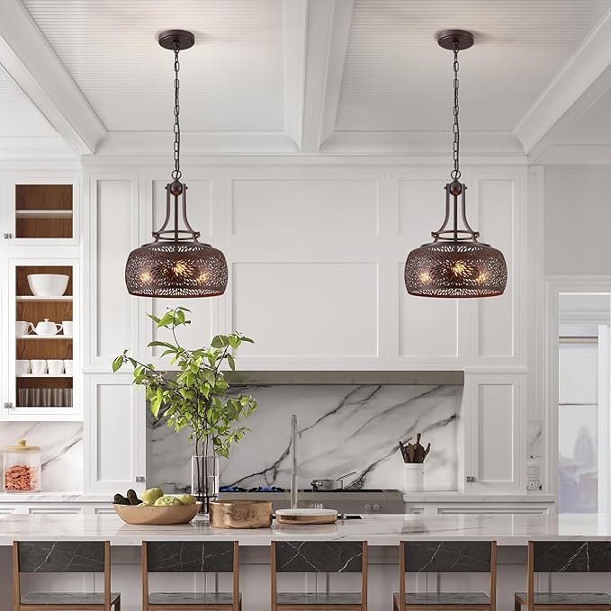 WUZUPS Chandelier Rustic Farmhouse Industrial Round Ceiling Pendant LED Light Fixture with Later-Cut Openwork Drum Shade, H 15.7" x W 13.4", Oil Rubbed Bronze