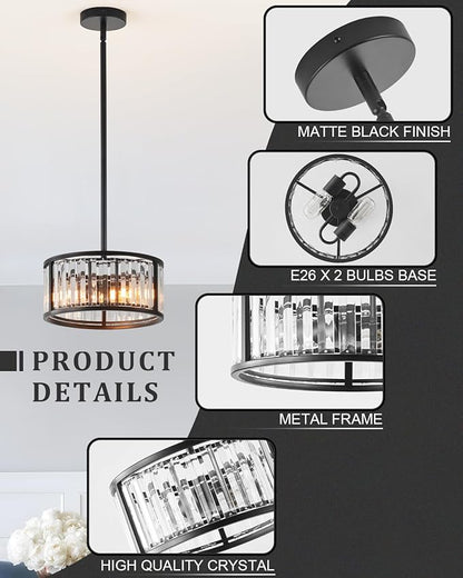 Black Flush Mount Ceiling Light, 2- Light Caged Crystal Chandelier, Small Drum Hallway Light fixtures Ceiling Mount (11 INCH Black Pendant Light(2-Light))