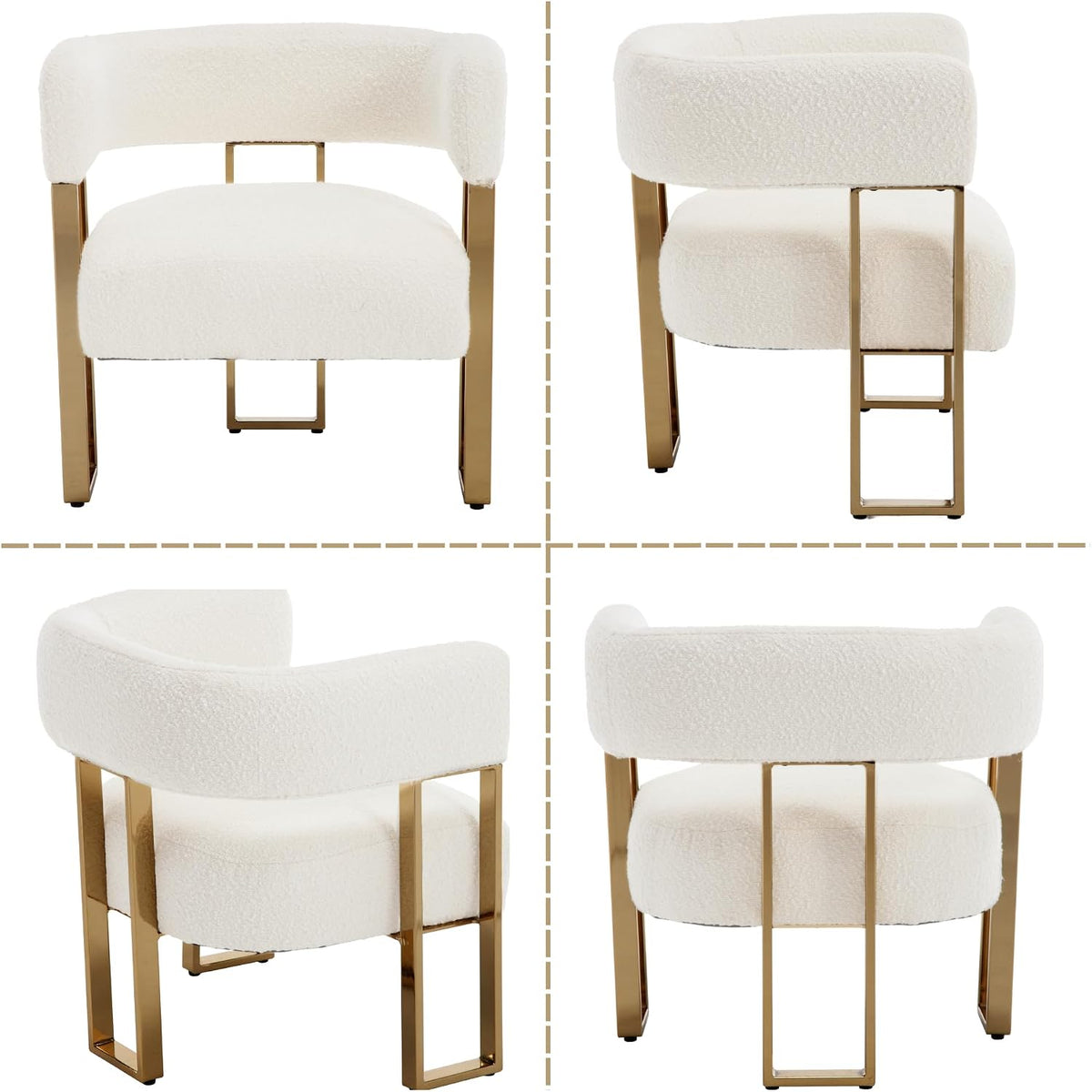 Barrel Accent Chairs Set of 2, Modern Side Chair with Golden Metal Legs, Sherpa Upholstered Reading Armchair, Boucle Club Chairs for Living Room/Reception Room/Bedroom/Office, White