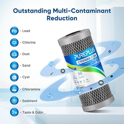 PUREPLUS 5 Micron 10" x 4.5" Whole House Activated Carbon Water Filter, Enhanced Lead Removal Carbon Replacement Cartridge, Compatible with GE GXWH40L, GXWH35F, BB10, FXHTC, FC15B, CTO10BB-CQB, 3PACK