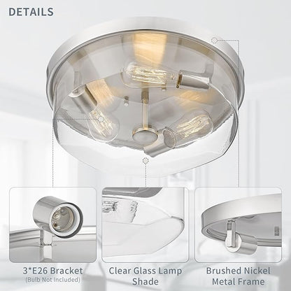 Brushed Nickel Flush Mount Ceiling Light, 3-Light Hallway Light Fixtures, Modern Farmhouse Farmhouse Ceiling Light Clear Glass for Kitchen Porch Entryway Indoor Outdoor