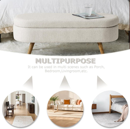 SoarFlash Ottoman Oval Storage Bench Linen Fabric Rubber Wood Legs（Beige）