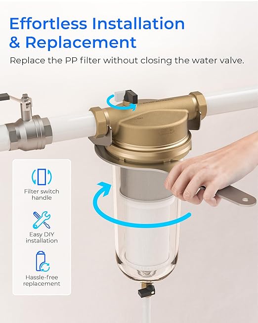 Waterdrop Mega Spin Down Sediment Filter, Reusable Whole House Water Filter System for City Water, Backwash Sediment Water Filter System, 100 Micron+5 Micron PP Filter, 1" MNPT + 3/4" FNPT, BPA Free