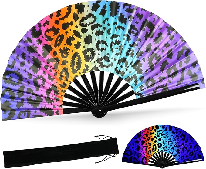 SYNTECSO Folding Hand Fan for Rave, Popping Fan for Line Dancing, Drag Queen, Women and Men Gift，Chinese Japanese UV Glow Clack Fan for Parties, Music Festivals, EDM and Decoration