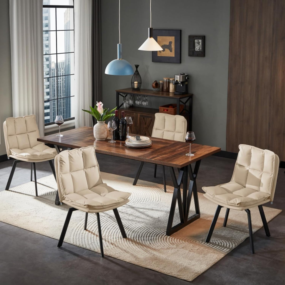 Susalt Swivel Dining Chairs Set of 4, Upholstered Dining Room Chairs, Leather Kitchen Chairs with Metal Feet, Double-Layer Foam Dinner Chair for Dining Room, and Kitchen, Off White and Black