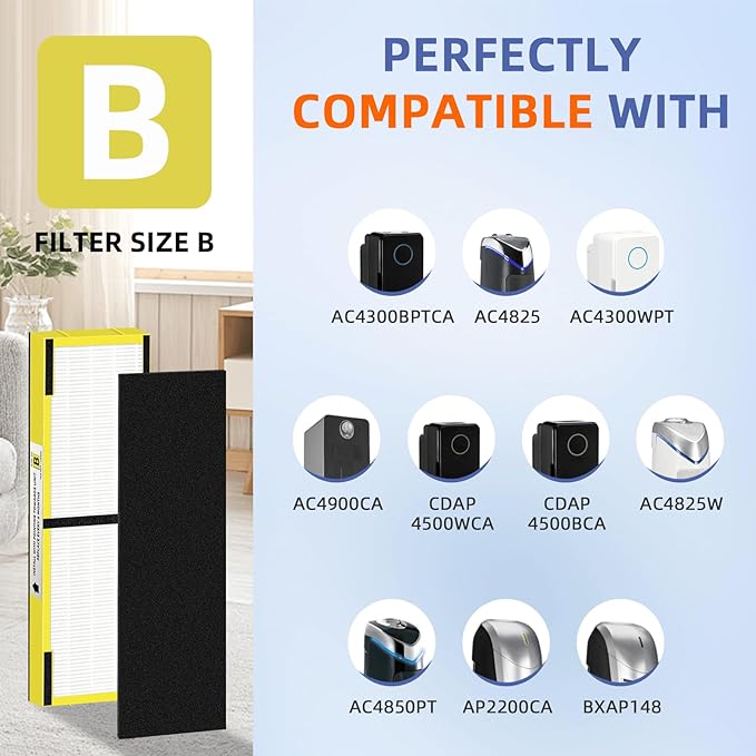 FLT4825 HEPA Filter B Replacement Compatible with G-Guardian Air Purifiers AC4825 AC4825E AC4825W AC4300 AC4800 AC4900 AC4850,4 H13 True HEPA Filters+8 Carbon Pre-Filters