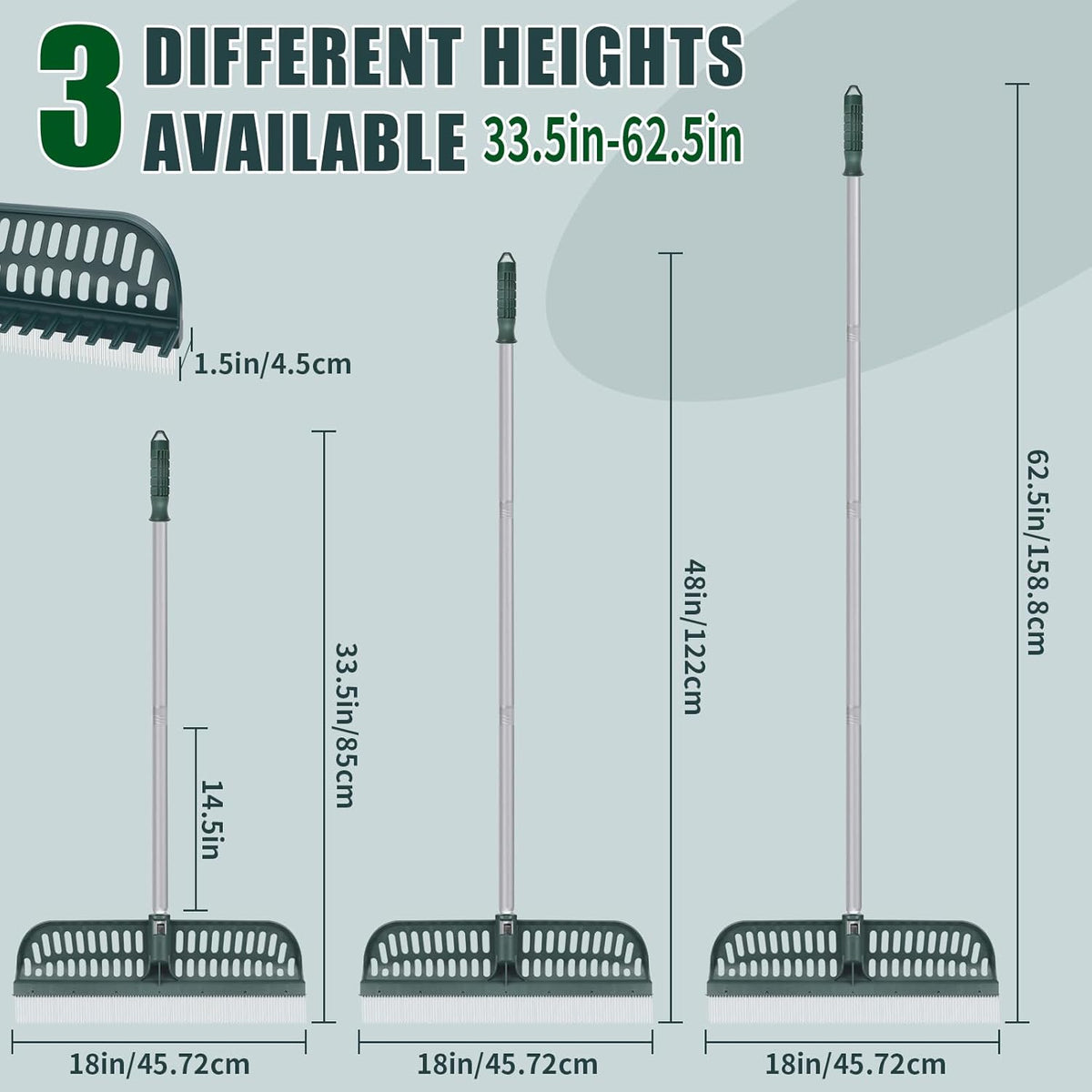 Artificial Turf Rake with 18in Double-Sided Heads, 32-61 Inch Turf Brush Grass Rake for Artificial Grass, Turf Grass Broom for Garden Lawn Artificial Turf Leaves Pet Hairs
