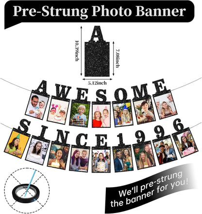 Pre-strung Awesome Since 1996 Photo Banner Birthday Decorations for Her Him- Black Glitter 30th Birthday and Anniversary Decorations Party Supplies for Women Men