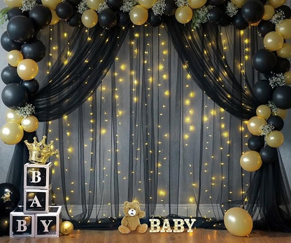 20ft x 10ft Black Tulle Photo Backdrop Curtain with Lights String for Parties Sheer Black Curtain Backdrop for Birthday Party Baby Shower Wedding Photo Booth Photography Background Decorations