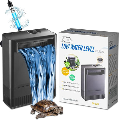 Turtle Tank Filter Aquarium Filter w/ Detachable U-V Light for 30-75Gal, Waterfall Flow Adjustable Low Water Level Internal Green Clean Machine Killing Deodorization Saltwater Freshwater Crystal Clear