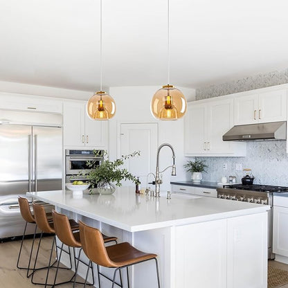 Amber Glass Pendant Lights Kitchen Island Gold Hanging Light Fixture Glass Globe Pendant Light Modern Pendant Lighting for Kitchen Island Bedroom Dining Room (7.87", 2 Pack)