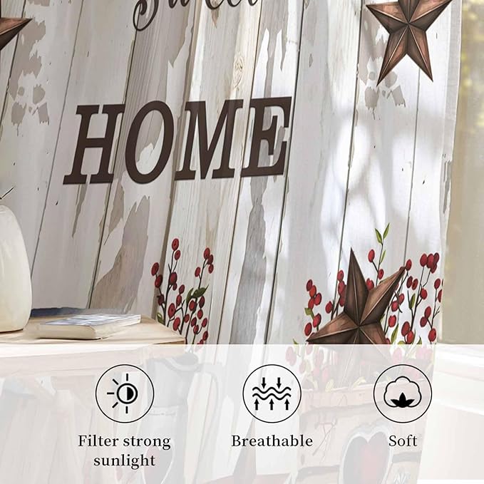 Farmhouse Sheer Curtains 63 Inch Length Retro Country Star Berry Vintage Wood Grain Chiffon Curtain for Bedroom Living Room Light Filtering Rod Pocket Window Treatments Voile Curtains Drapes