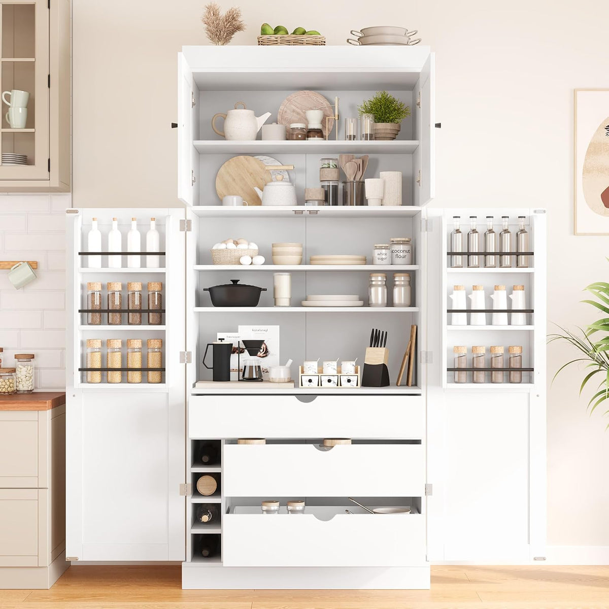 roomfitters 77'' Kitchen Pantry Organizers and Storage Kitchen Cabinet, with Door Spice Racks, Wine Rack, 3 Drawers, White