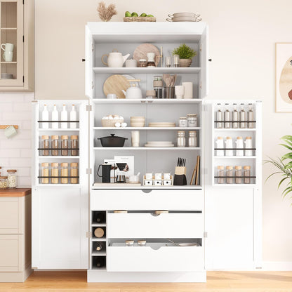 roomfitters 77'' Kitchen Pantry Organizers and Storage Kitchen Cabinet, with Door Spice Racks, Wine Rack, 3 Drawers, White
