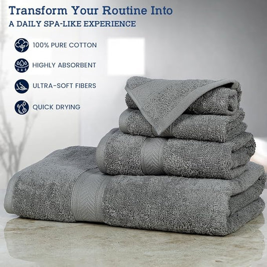 Casa Lino 100% Cotton Bath Towels Set of 4 (1 Bath Towel, 1 Hand Towel & 2 Wash Cloths) - Bathroom Towels and Washcloths Set - Complete Bathroom Set - Guest Room Essentials - (Silver Grey)
