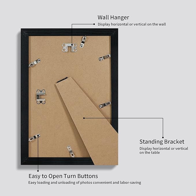 8x12 Picture Frame Set of 4 with HD Glass, Black Frame Display 6x8 Picture with Mat or 8 x 12 Without Mat, Wood Rustic Photo Frame for Tabletop and Wall Mounting