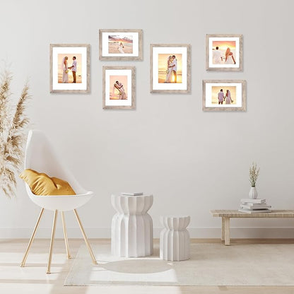 8x12 Picture Frame Set of 4 with High Definition Glass, Smoke Gray Frame Display 6x8 Picture with Mat or 8 x 12 Without Mat, Wood Rustic Photo Frames for Tabletop Display and Wall Mounting