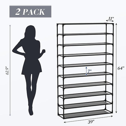 TY ARTS & CULTURE 2 Pack 10-Tiers Shoe Rack Organizer, Sturdy Metal Pipes & Durable Non-Woven Fabric, Space Saving Tall Shoe Shelf Hold 80-100 Pairs, Shoe Racks for Entryway (Black)