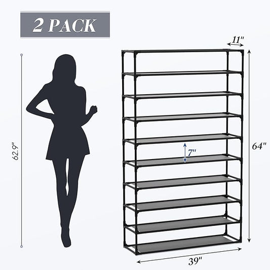 TY ARTS & CULTURE 2 Pack 10-Tiers Shoe Rack Organizer, Sturdy Metal Pipes & Durable Non-Woven Fabric, Space Saving Tall Shoe Shelf Hold 80-100 Pairs, Shoe Racks for Entryway (Black)