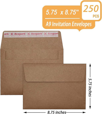 250 Qty Printable A9 Invitation Envelopes 5.75 x 8.75 Cards, Self Seal 120GSM Brown Paper Envelopes for Invitations, Papers, Photos, Documents, Wedding, Baby Shower, Easy to Seal and Peel