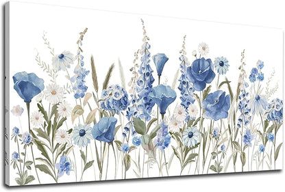 arteWOODS Elegant Flowers Wall Art - Blue White Botanical Pictures for Wall Decor Floral Blossom Canvas Painting Print Artwork for Living Room Bedroom Home Office Wall Decoration 24" x 48"