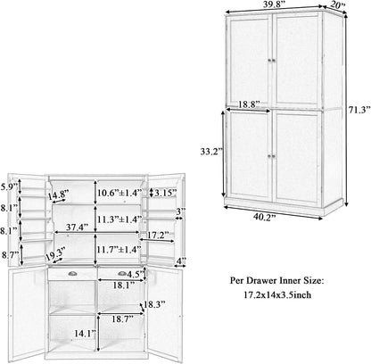 Litex 40.2" Wide Kitchen Pantry Cabinet, 71.3" Tall Freestanding Storage Cabinet with 2 Drawers, Adjustable Shelves & 8 Door Shelves, Large Farmhouse Kitchen Cupboard for Kitchen Dining Room (Gray)