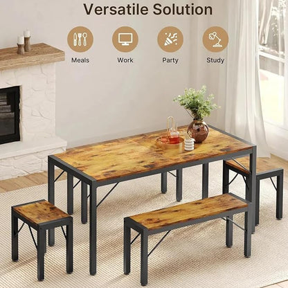 Gizoon 63" Dining Room Table Set for 6, Kitchen Table with 2 Benches and 2 Stools, Dining Table Set with Metal Frame, Space-Saving Kitchen Table Set for Apartment, Retro