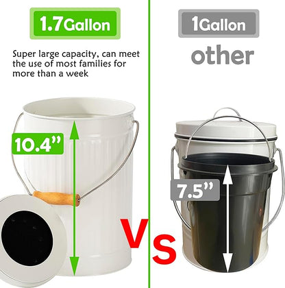 1.7 Gallon Kitchen Compost Bin, Indoor Countertop Compost Bin with Lid, 100% Rust Proof Compost Bucket with Non-Smell Charcoal Filters (White)