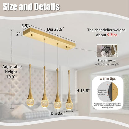 Dining Room Light Fixture 4-Light Gold Kitchen Island Lighting Industrial Linear Crystal Chandeliers for Dining Room Pendant Light Fixture for Living Room Hallway Bedroom