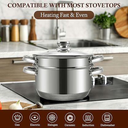 15-Piece Stainless Steel Cookware Set, Non-Toxic Pots and Pans Set with Glass Lids, Kitchen Induction Cookware with Steamer, Utensils Set & Fry Basket, Dishwasher & Oven Safe, Silver
