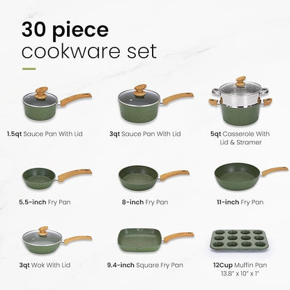 Kitchen Academy Pots and Pans Set Nonstick, 30 Pieces Induction Kitchen Cookware and Bakeware Sets, Green Granite Coating Cooking Pans Set