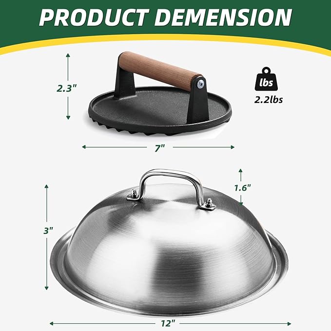 12 Inch Melting Dome with Round Cast Iron Smash Burger Press for Blackstone Griddle, Commercial Grade Heavy Duty Griddle Dome and Cast Iron Grill Burger Press for Flat Top Griddle Grill