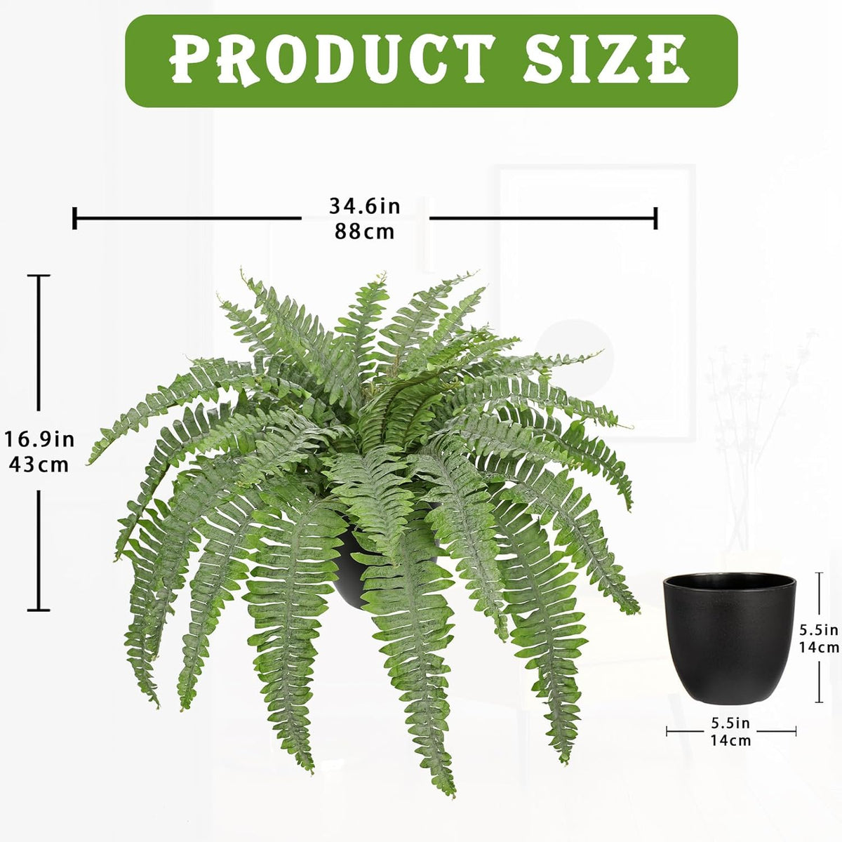 Artificial Fern Plants in Pot 34.6" Large Artificial Boston Fern 39 Leaves for Outdoors & Indoor Faux Potted Plant Fake Ferns Bush Plant for Patio Garden Farmhouse Porch Home Decor Dusty Green