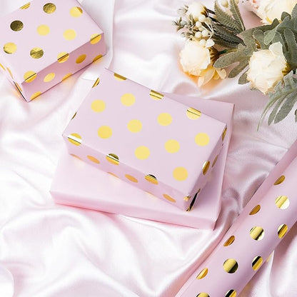 Burymento Pink and Gold Dots Wrapping Paper, Reversible Pink Gift Wrap for Birthday, Valentines, Mothers day, Graduation, Wedding, Fathers day, Baby Shower, Christmas (17in x 32.8ft)