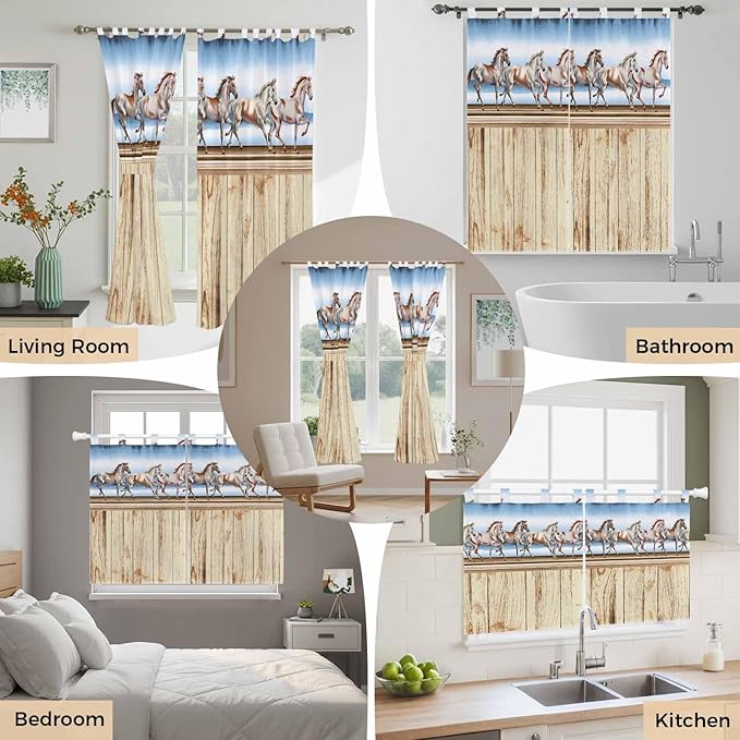 Western Horse Kitchen Curtains 36 Inch Length, Small Window Curtains Tab Top, Farmhouse Wooden Grain Vintage Cowboy Barn Door Light Filtering Short Window Treatments Tier Drapes 27.5"x36" 2 Panel
