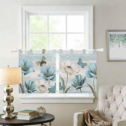 Spring Floral Kitchen Curtains 24 Inch Length, Small Window Curtains Tab Top, Vintage Tulips Flower Butterfly Retro Wood Blue Light Filtering Short Window Treatments Tier Drapes 27.5"x24" 2 Panel