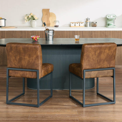 GrandNoor Coffee Faux Leather Dining Chairs Set of 4, Mid-Century Modern Dining Room Chairs with Armless, Checkered Kitchen Chair with Metal Legs