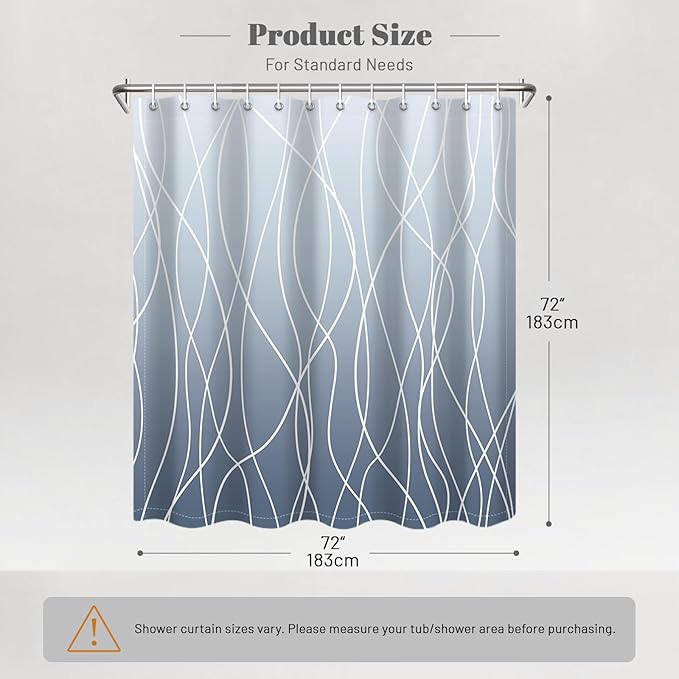 Punkray Ombre Blue Shower Curtain for Bathroom with Hooks, White Shower Curtain Set, Stripe Bath Curtains Decorative Shower Curtains Water Repellent Washable, 72 x 72