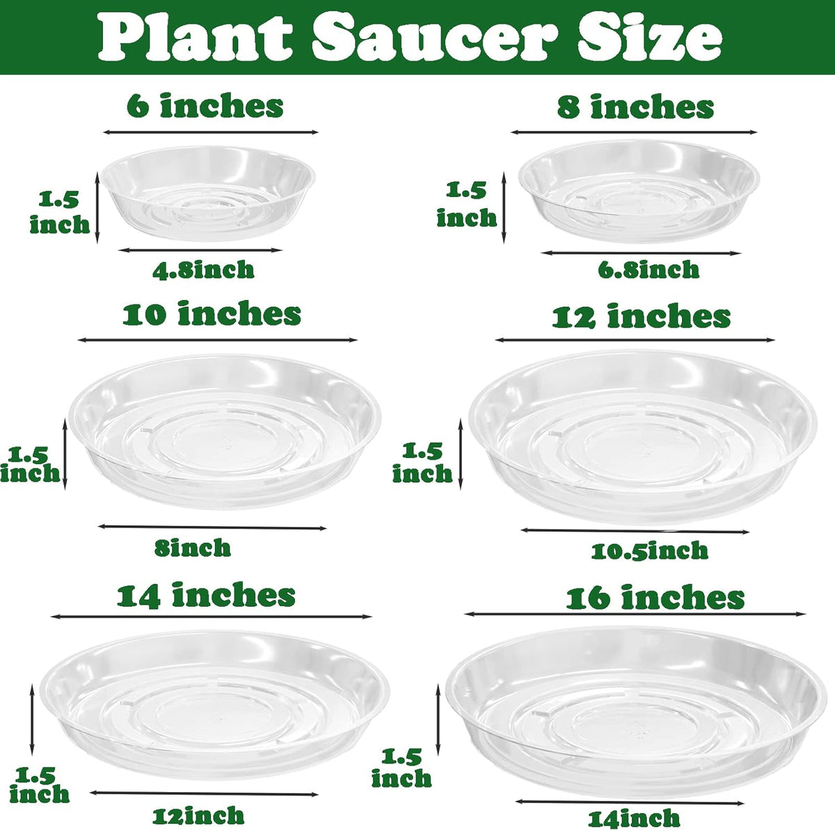 16 Packs 6/8/10/12 Inches Large Clear Plant Saucers for Indoor Outdoor Use Heavy Duty Plastic Plant Trays for Planter Bulk Flower Pot Drip Trays to Catch Water, 4 to 20 Inch