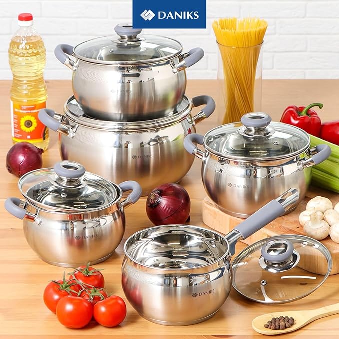 Daniks Modern Frying Pan With Lid Included, 11-Piece Stainless Steel Induction-Compatible Cookware Set, Dishwasher Safe, Heatproof Handles, Glass Lids, Silver