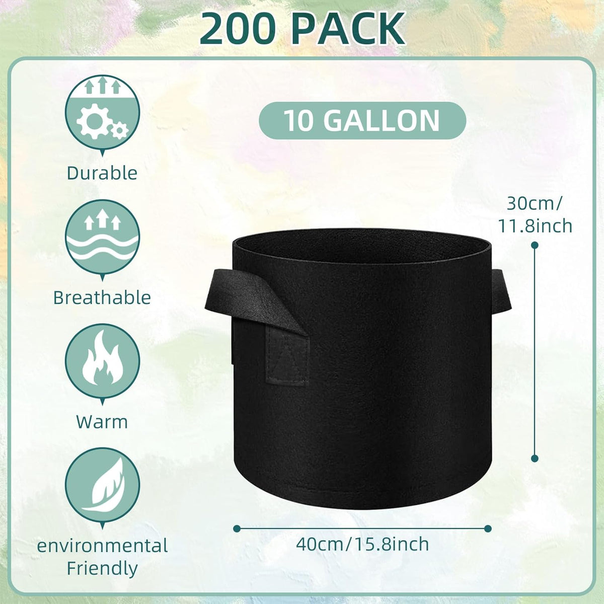 200 Pack 10 Gallons Grow Bags, Non-Woven Fabric Pots Plant Bags, Plant Grow Bags with Handles, Garden Plant Bags for Potatoes, Carrots, Tomatoes and Other Vegetable,Fruits