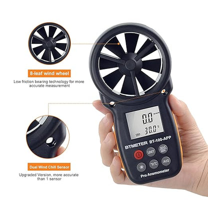 BTMETER BT-100APP Anemometer w/Wireless Bluetooth, Digital Handheld Wind Speed Meter for Wind Chill, Air Velocity, Temperature, Vane Anemometer Gauge