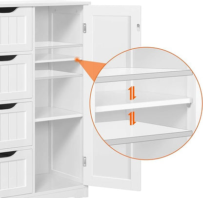 Yaheetech Wooden Floor Cabinet, Side Storage Organizer with 4 Drawers and 1 Cupboard, Freestanding Entryway Storage Unit Console Table, Bathroom Furniture Home Decor, White