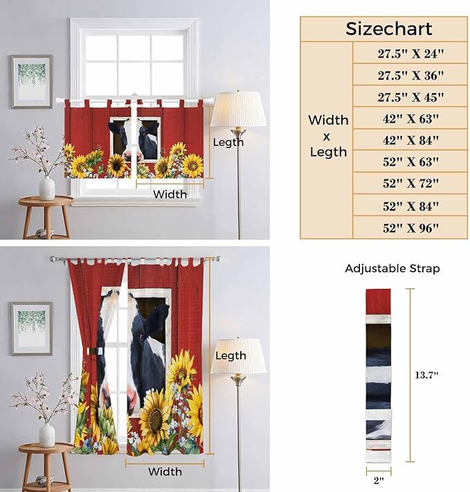 Cow Sunflowers Living Room Curtains 84 Inch Length, Window Curtains Tab Top, Botanical Floral Leaves Bees Farm Barn Light Filtering Window Treatments Drapes 42"x84" 2 Panel