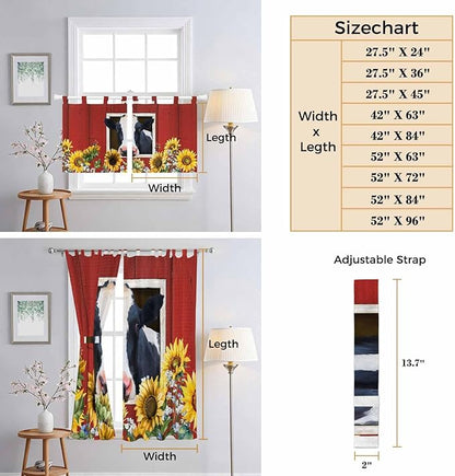 Cow Sunflowers Living Room Curtains 96 Inch Length, Window Curtains Tab Top, Botanical Floral Leaves Bees Farm Barn Light Filtering Window Treatments Drapes 52"x96" 2 Panel
