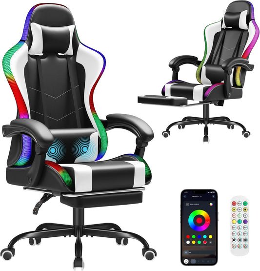 Homall Gaming Chair, Video Game Chair with Footrest and Massage Lumbar Support, Ergonomic Computer Chair Height Adjustable with Swivel Seat and Headrest (RGB Lvory)