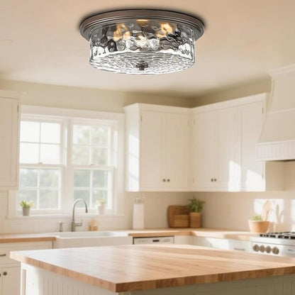 Large Industrial Flush Mount Ceiling Light, 16" 3-Light Modern Ceiling Light Fixture, Farmhouse Close to Ceiling Lighting,Hammered Glass Ceiling Light for Bedroom, Living Room, Kitchen Island