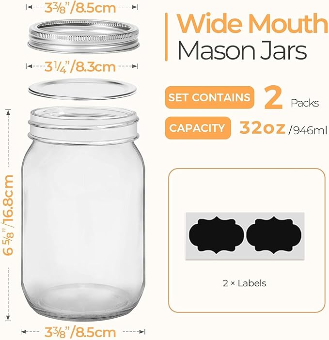 ComSaf Wide Mouth Mason Jars 32 oz with Lids 2 Pcs, Quart Mason Jars with Seal Band, Large Glass Jar, Big Canning Containers for Pickles, Jams, Sauces, Salsa, Sourdough, Juice, Suntea, Food Storage
